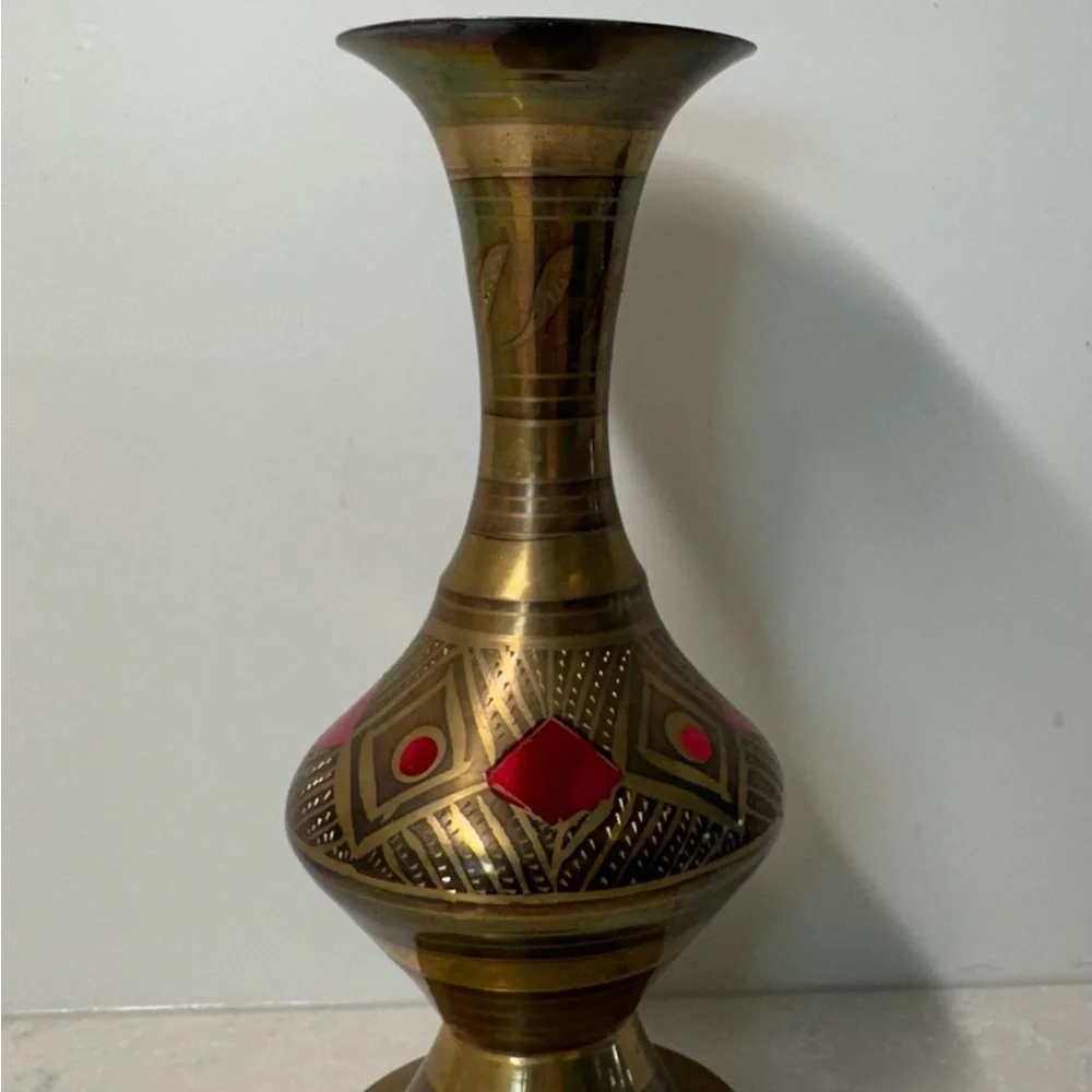 Brass Decorative Vase with Red Inlay - Home Accents